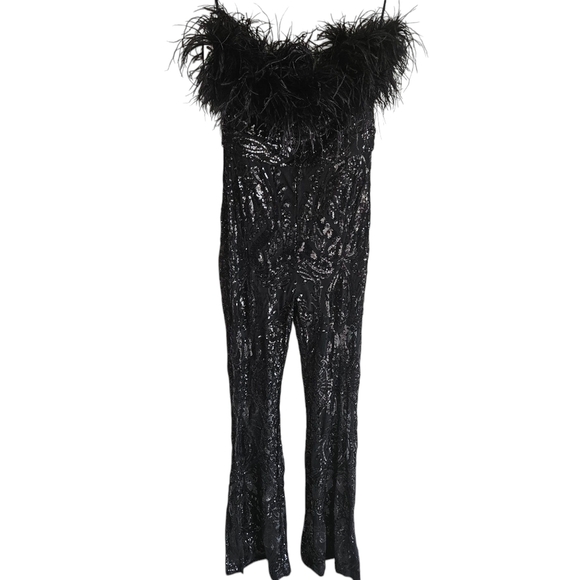 Jacqueline Black Sequin Strapless Feather Top Wide Leg Jumpsuit - Picture 1 of 11